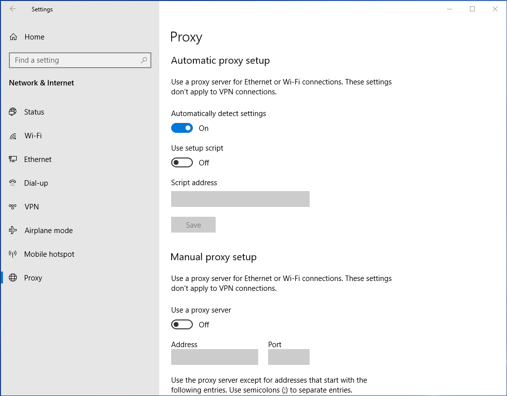 Windows 10 system Proxy settings new style.