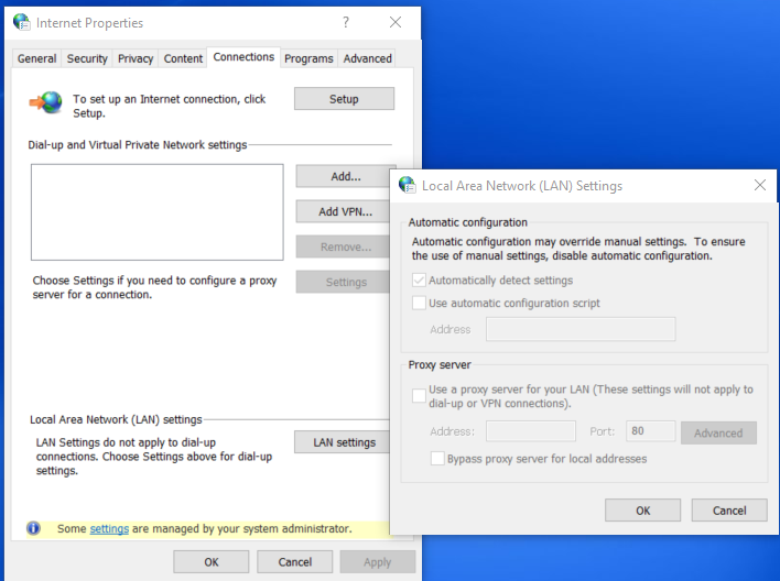 Windows 7 and later Control Panel system web proxy settings panel.